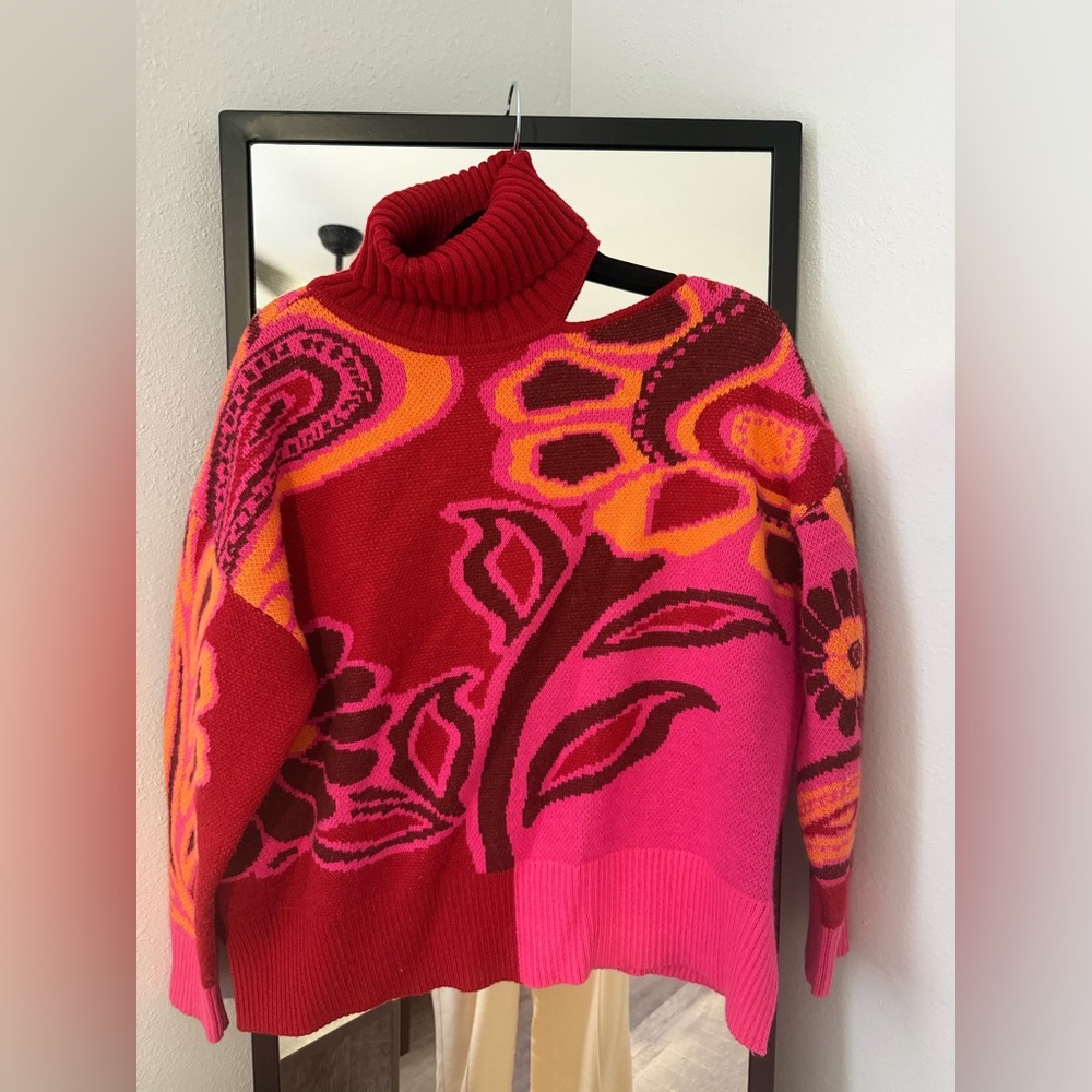 FARM RIO Cutout Asymmetrical Knit Bold Pink Floral Turtleneck Wool Blend Sweater